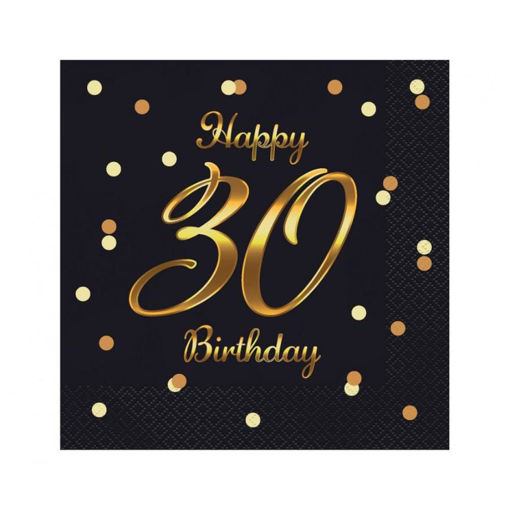 Picture of 30TH BIRTHDAY NAPKINS BLACK & GOLD 33X33CM 20 PACK